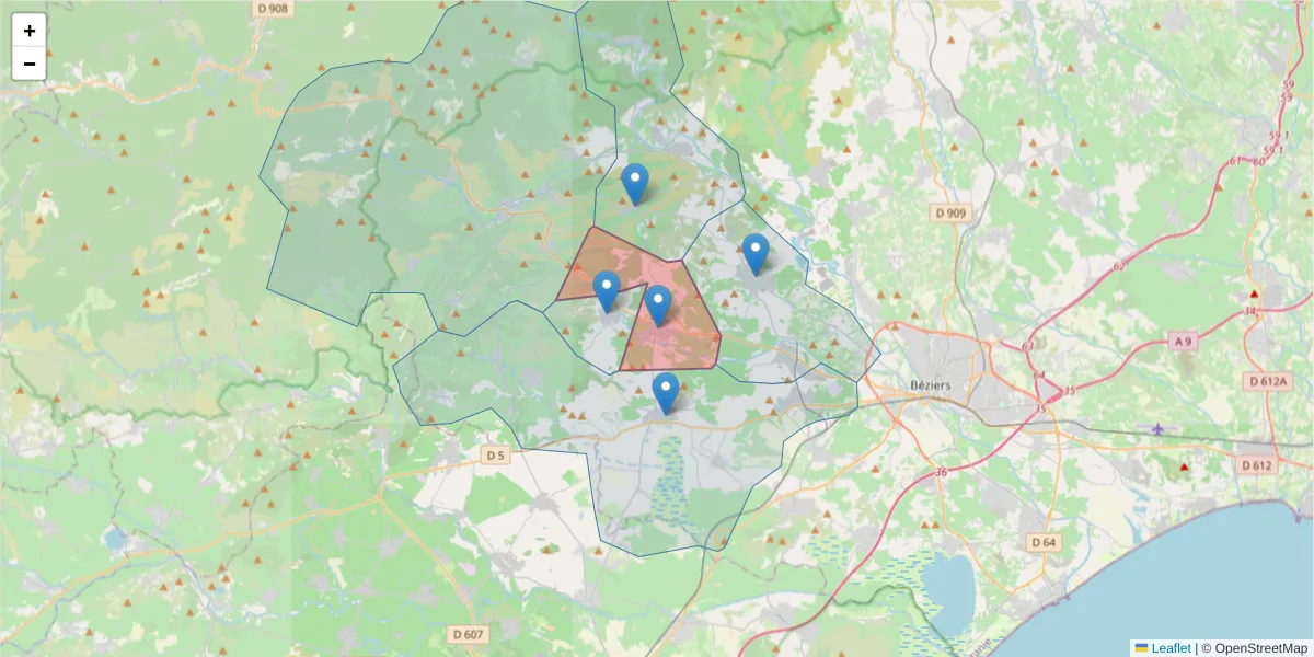 Carte de la zone du code postal  et des codes postaux voisins en France