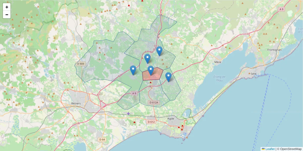 Carte de la zone du code postal  et des codes postaux voisins en France