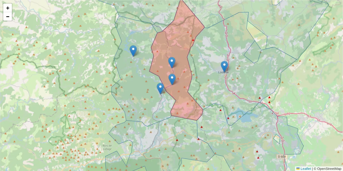Carte de la zone du code postal  et des codes postaux voisins en France