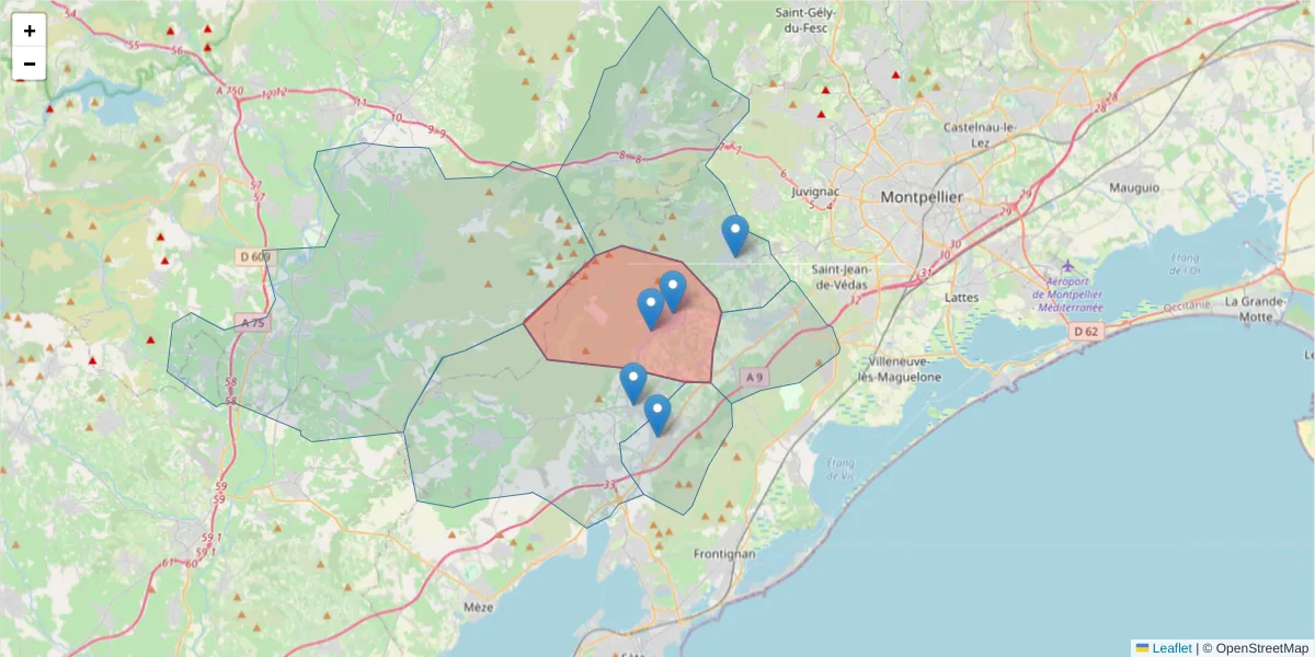 Carte de la zone du code postal  et des codes postaux voisins en France
