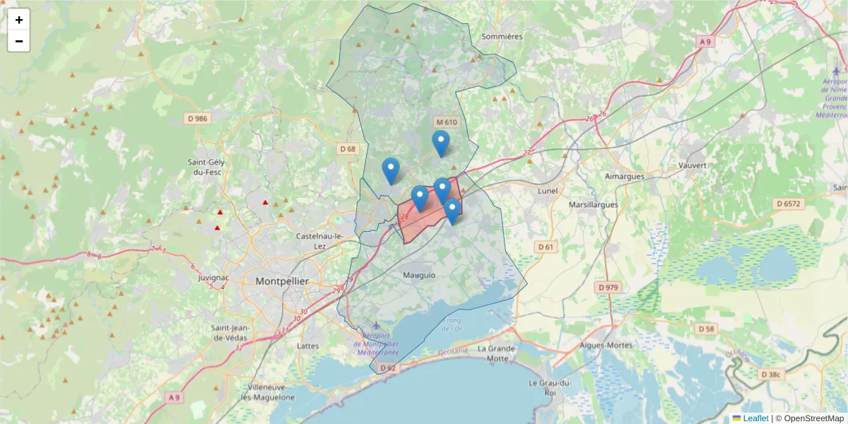 Carte de la zone du code postal  et des codes postaux voisins en France