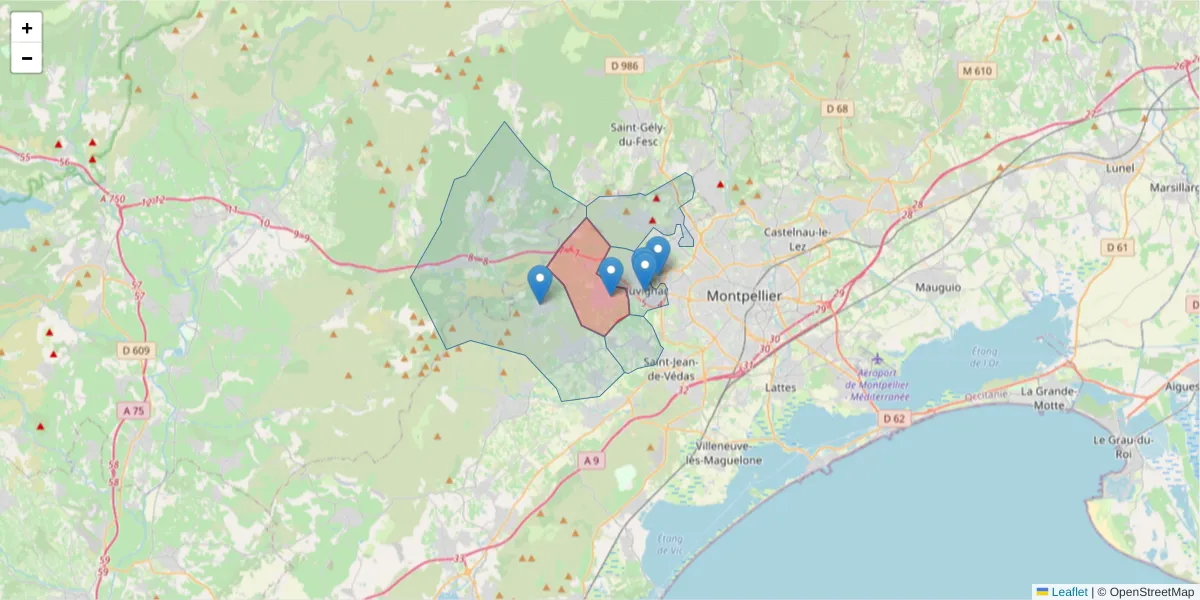 Carte de la zone du code postal  et des codes postaux voisins en France