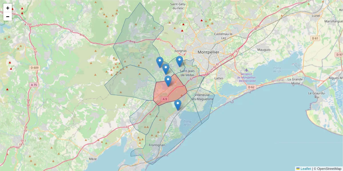 Carte de la zone du code postal  et des codes postaux voisins en France