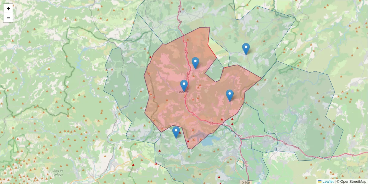 Carte de la zone du code postal  et des codes postaux voisins en France