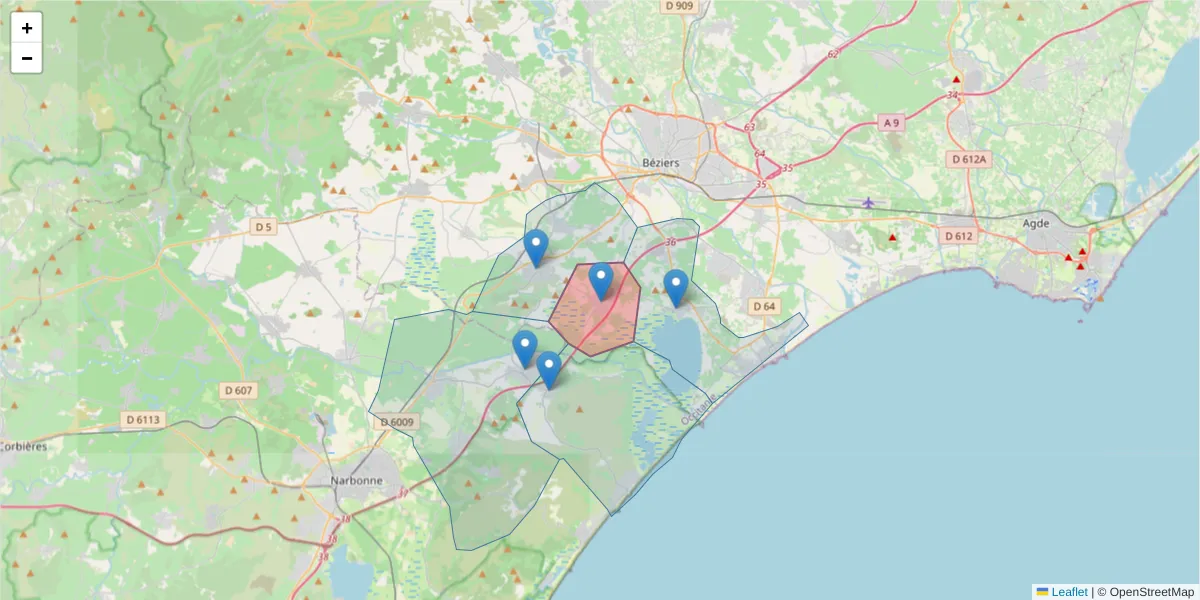 Carte de la zone du code postal  et des codes postaux voisins en France