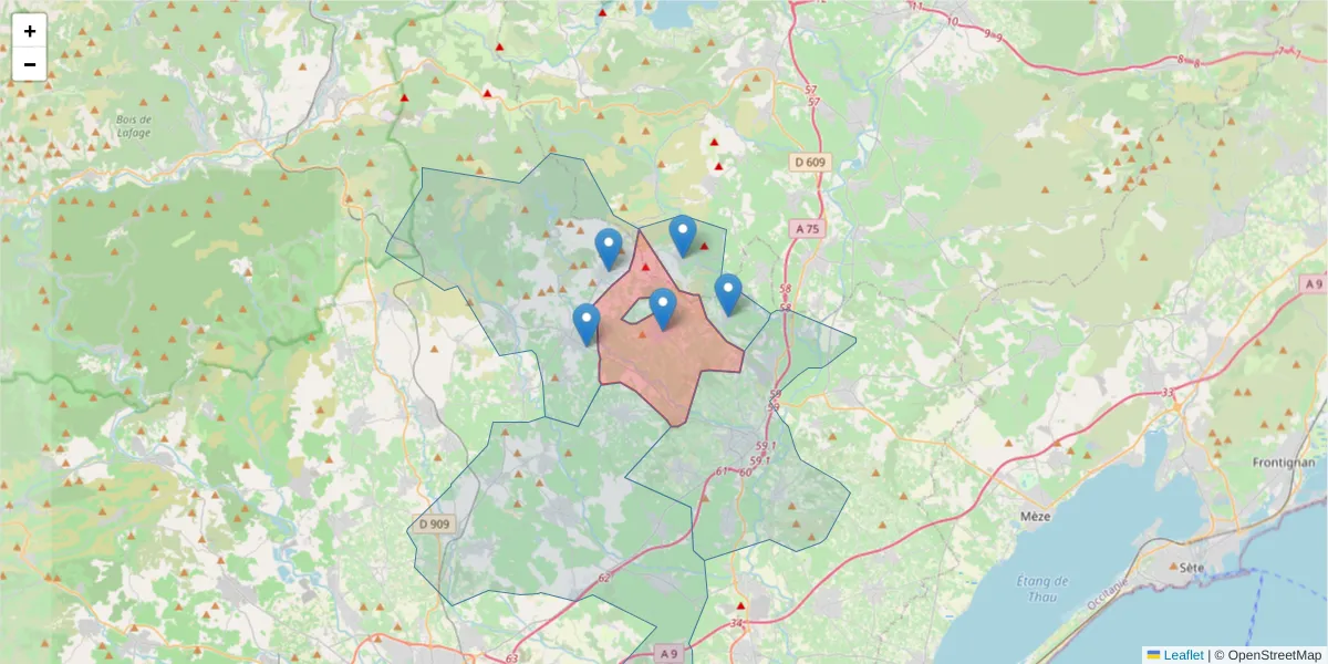Carte de la zone du code postal  et des codes postaux voisins en France