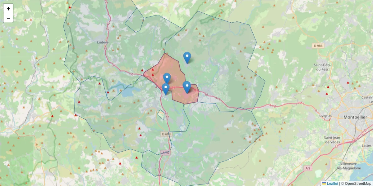 Carte de la zone du code postal  et des codes postaux voisins en France