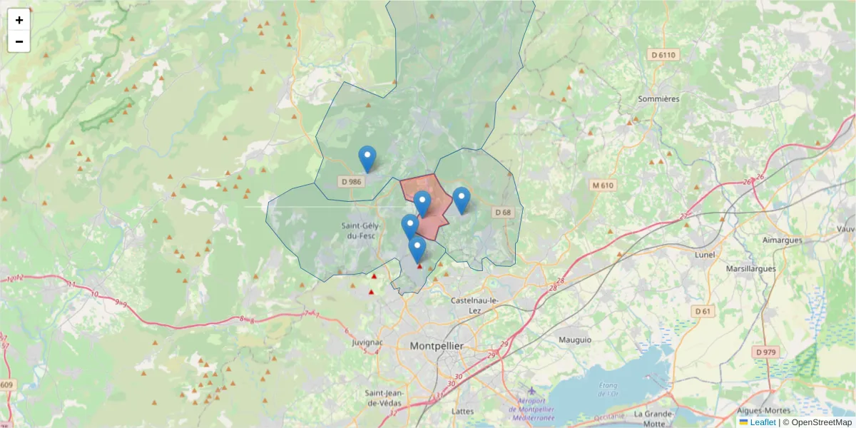 Carte de la zone du code postal  et des codes postaux voisins en France