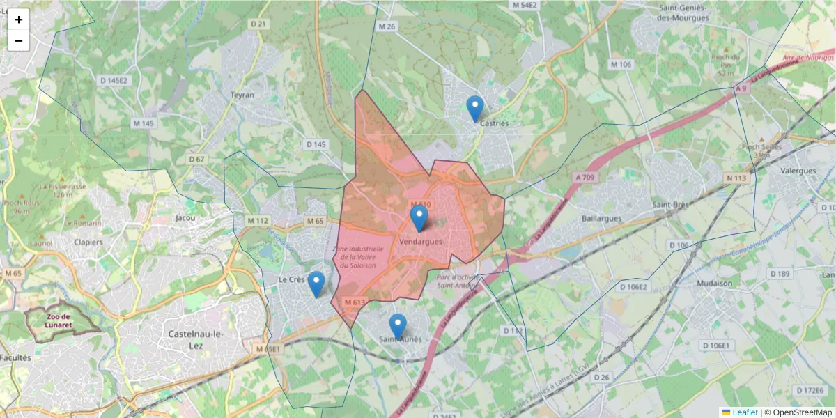 Carte de la zone du code postal  et des codes postaux voisins en France