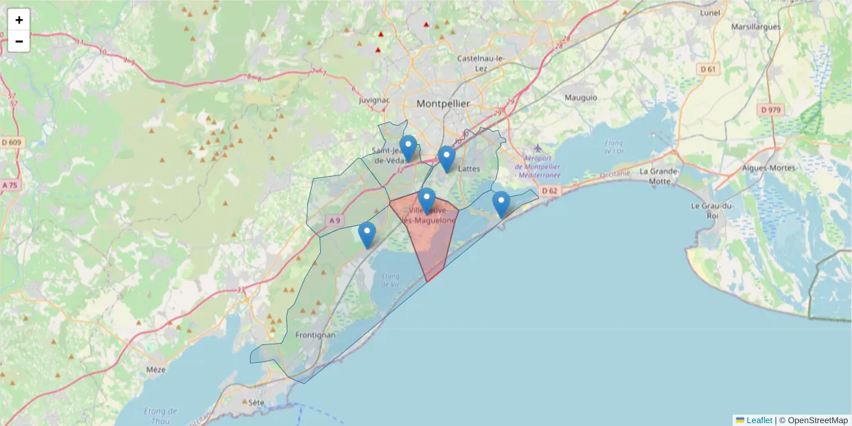 Carte de la zone du code postal  et des codes postaux voisins en France