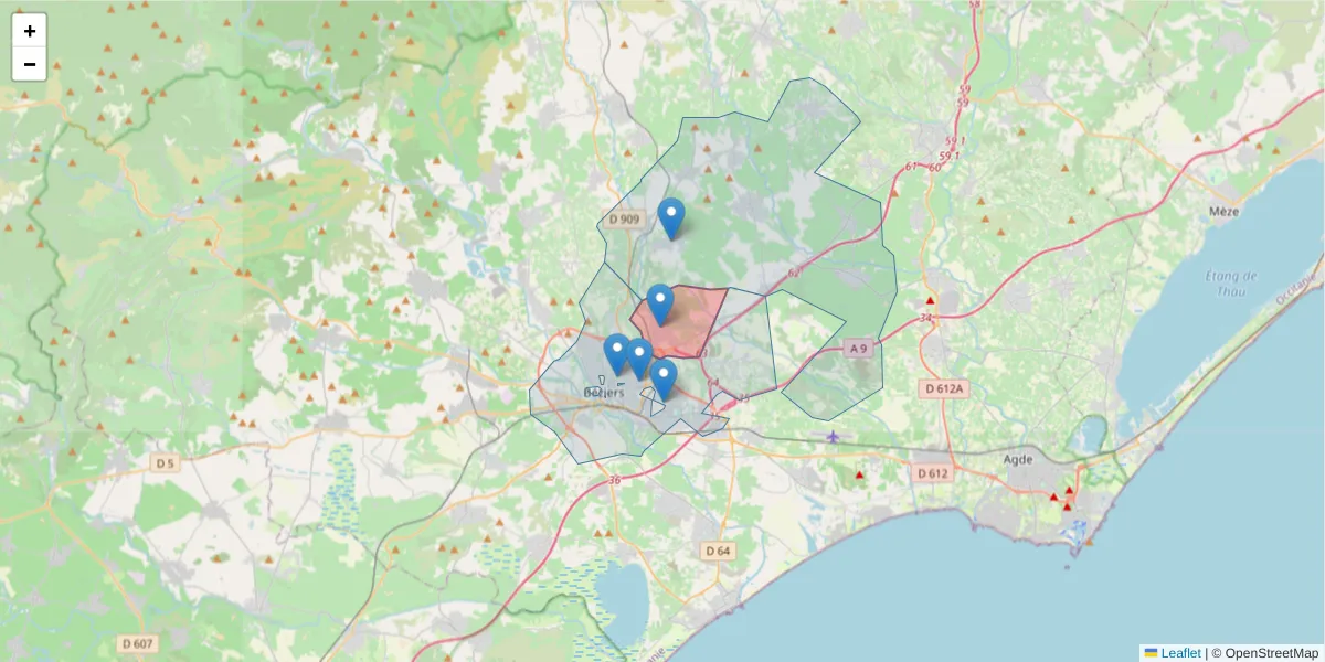 Carte de la zone du code postal  et des codes postaux voisins en France