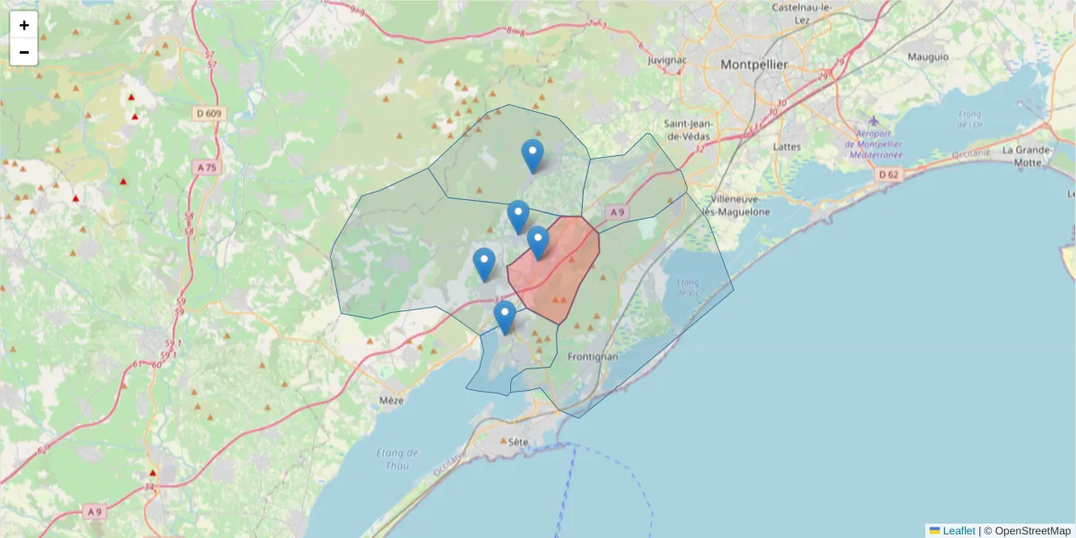 Carte de la zone du code postal  et des codes postaux voisins en France