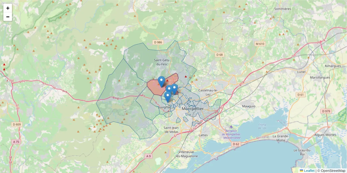 Carte de la zone du code postal  et des codes postaux voisins en France