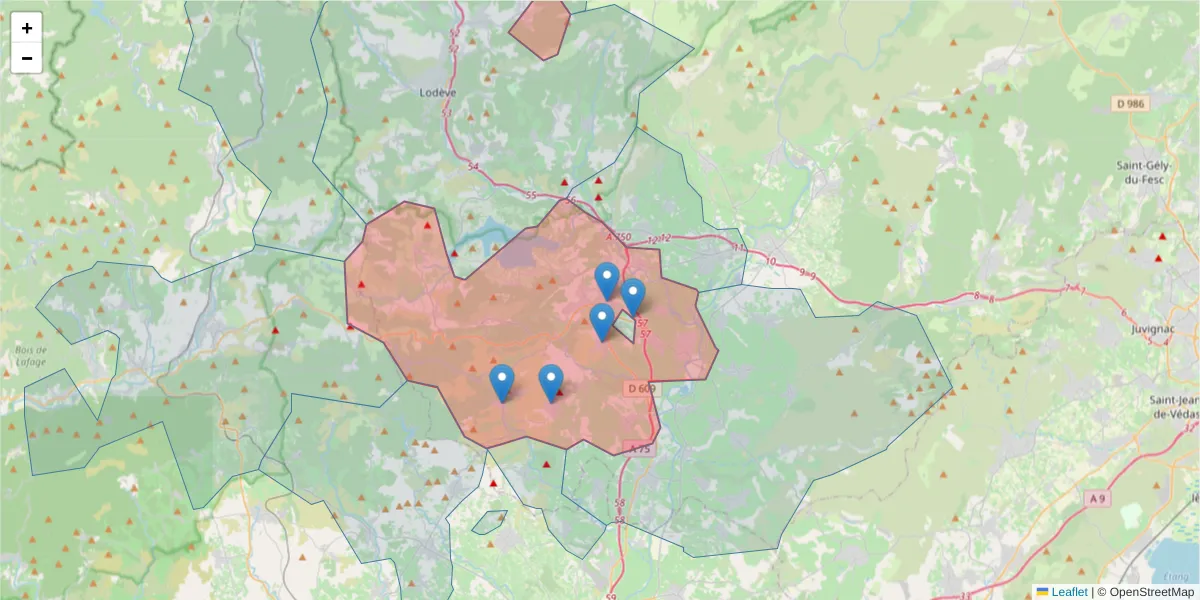 Carte de la zone du code postal  et des codes postaux voisins en France