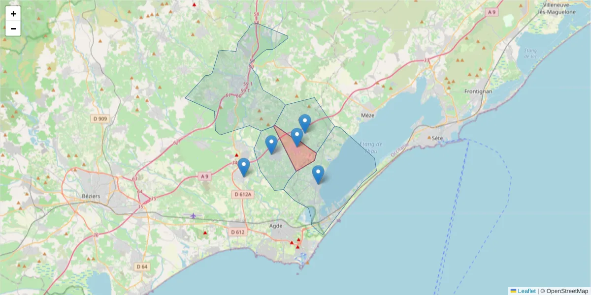 Carte de la zone du code postal  et des codes postaux voisins en France