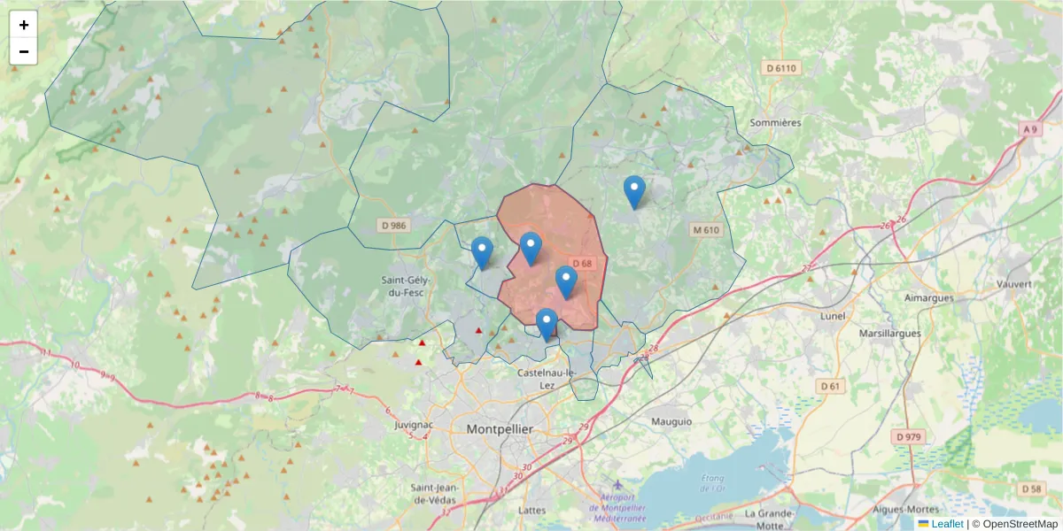 Carte de la zone du code postal  et des codes postaux voisins en France