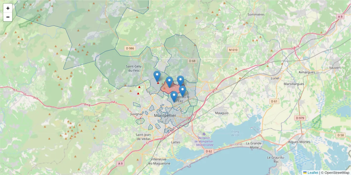 Carte de la zone du code postal  et des codes postaux voisins en France