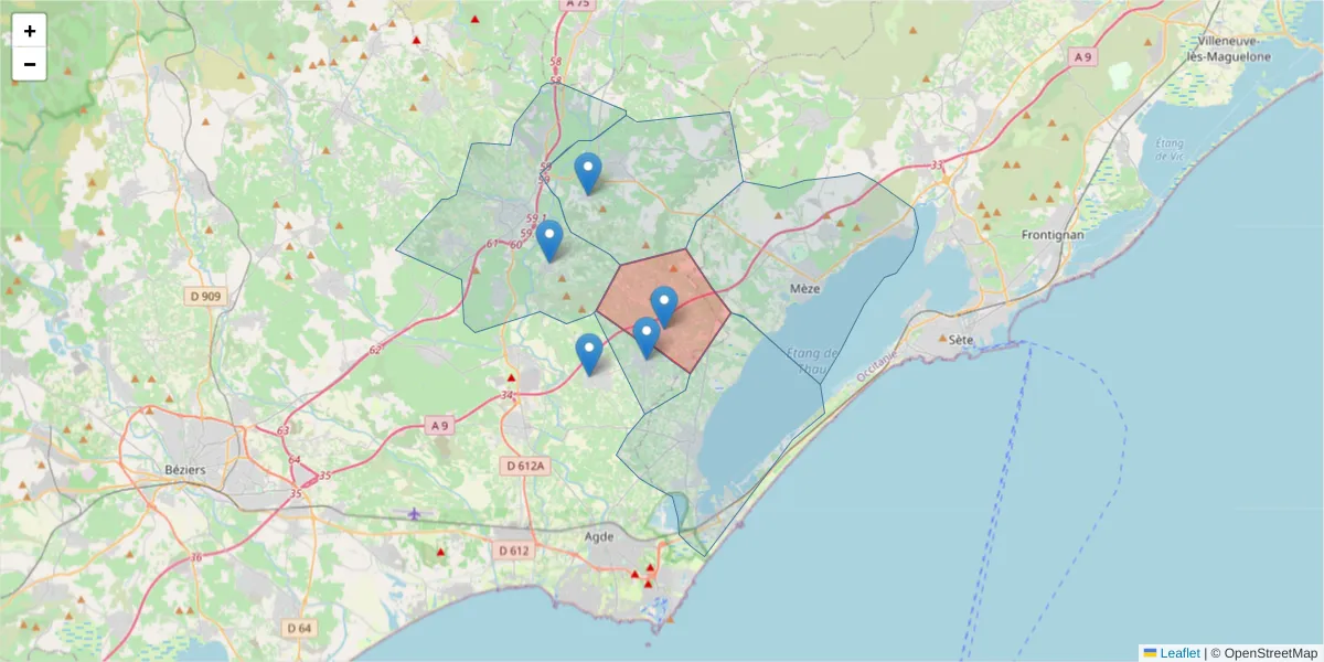 Carte de la zone du code postal  et des codes postaux voisins en France