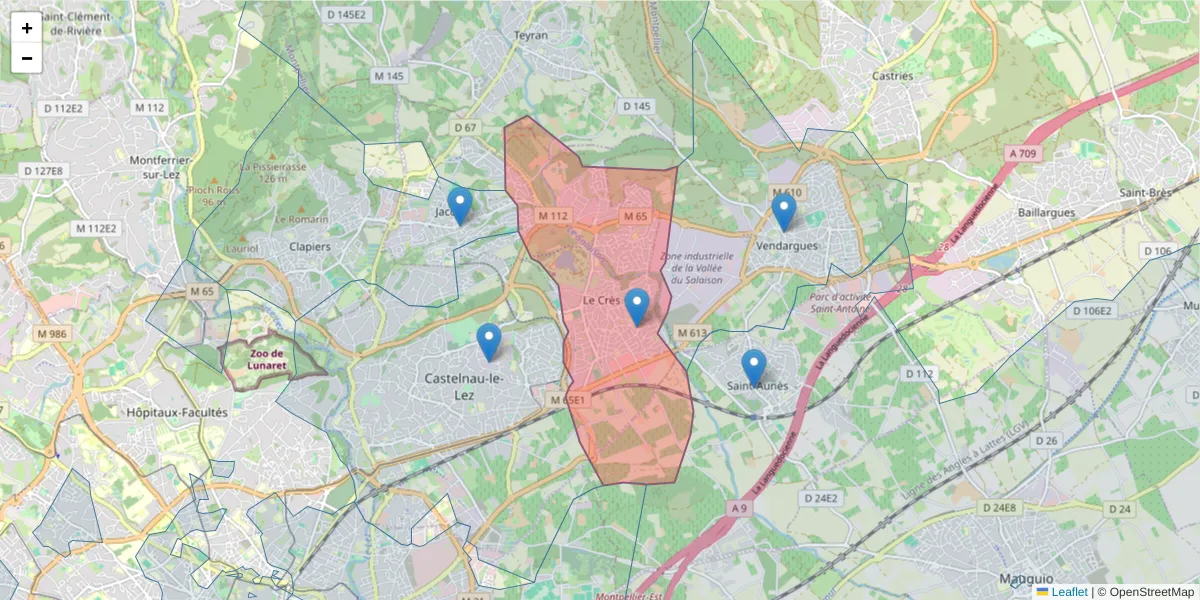Carte de la zone du code postal  et des codes postaux voisins en France