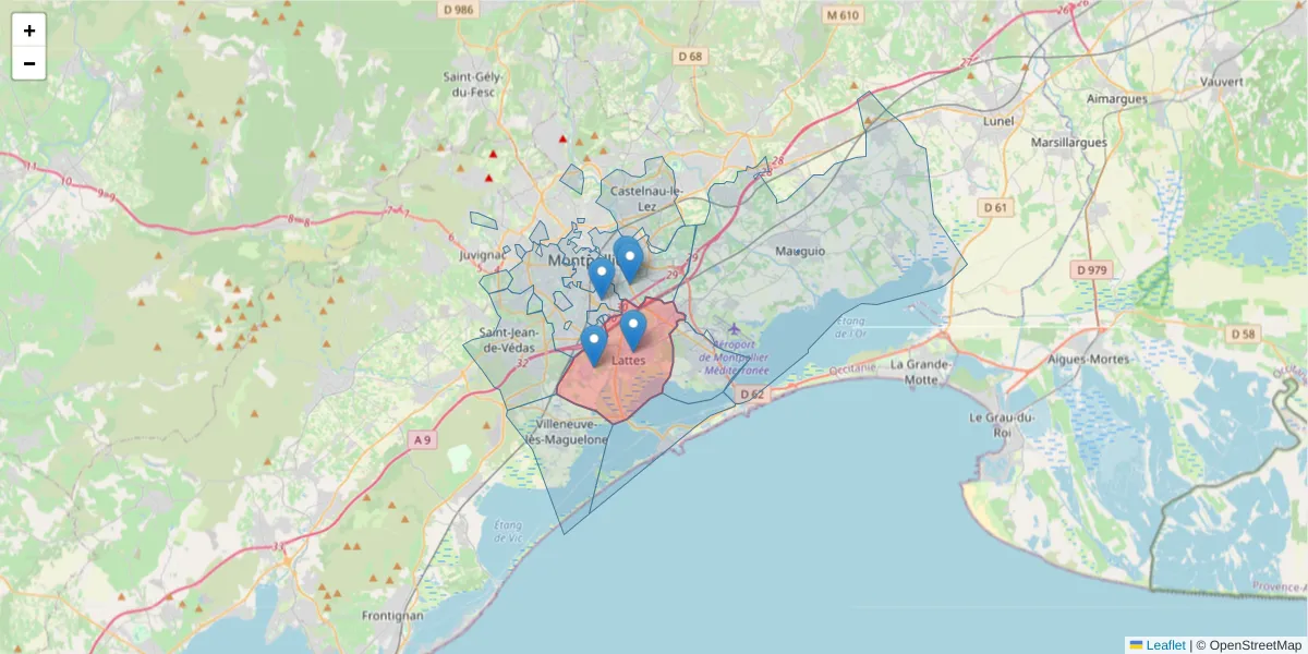 Carte de la zone du code postal  et des codes postaux voisins en France