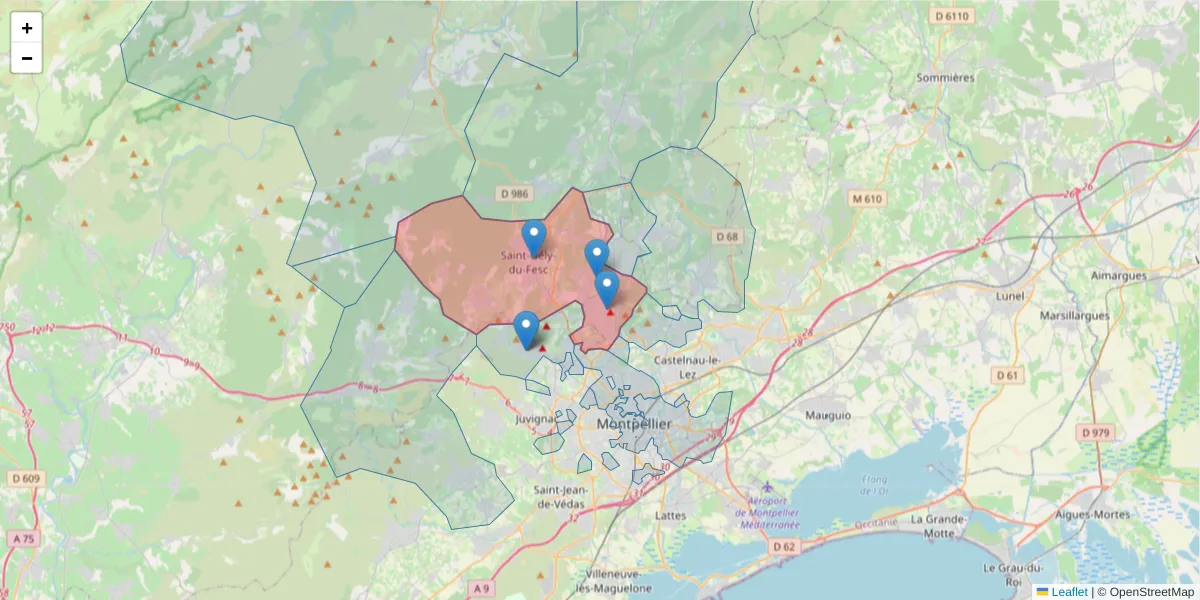 Carte de la zone du code postal  et des codes postaux voisins en France