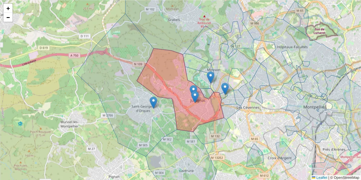 Carte de la zone du code postal  et des codes postaux voisins en France