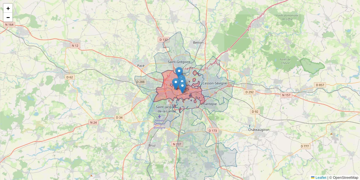 Carte de la zone du code postal  et des codes postaux voisins en France