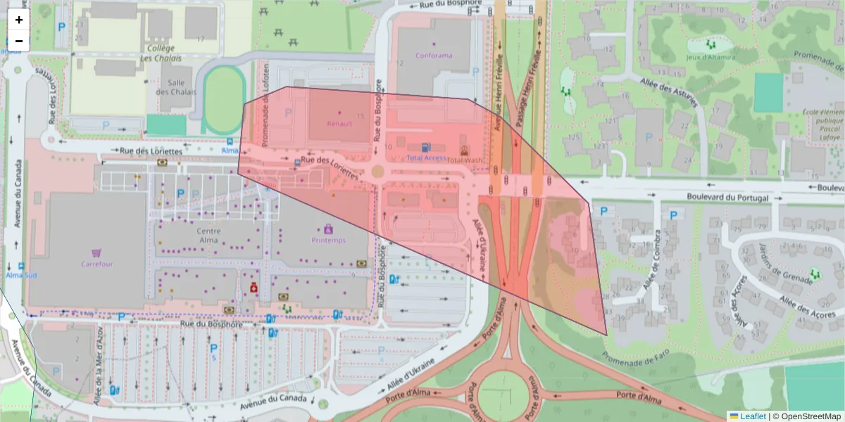 Carte de la zone du code postal  et des codes postaux voisins en France