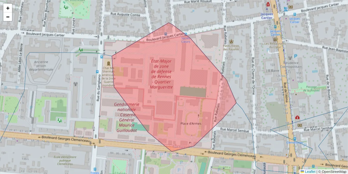 Carte de la zone du code postal  et des codes postaux voisins en France