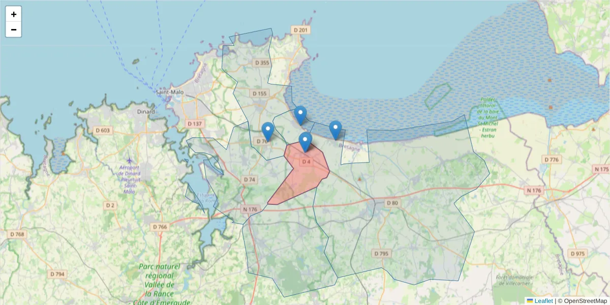 Carte de la zone du code postal  et des codes postaux voisins en France