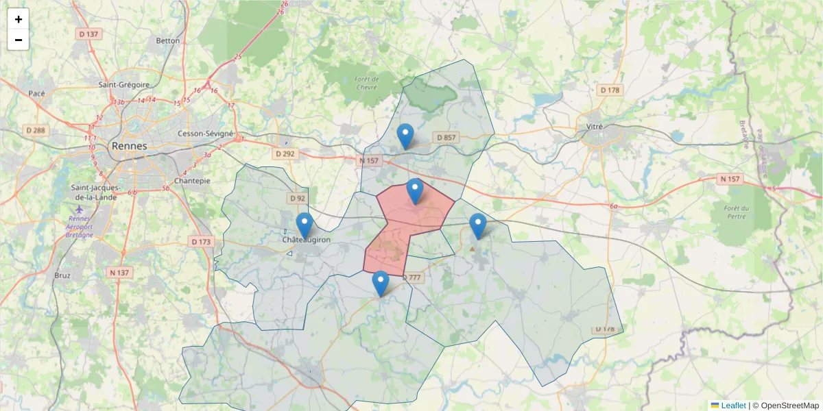 Carte de la zone du code postal  et des codes postaux voisins en France