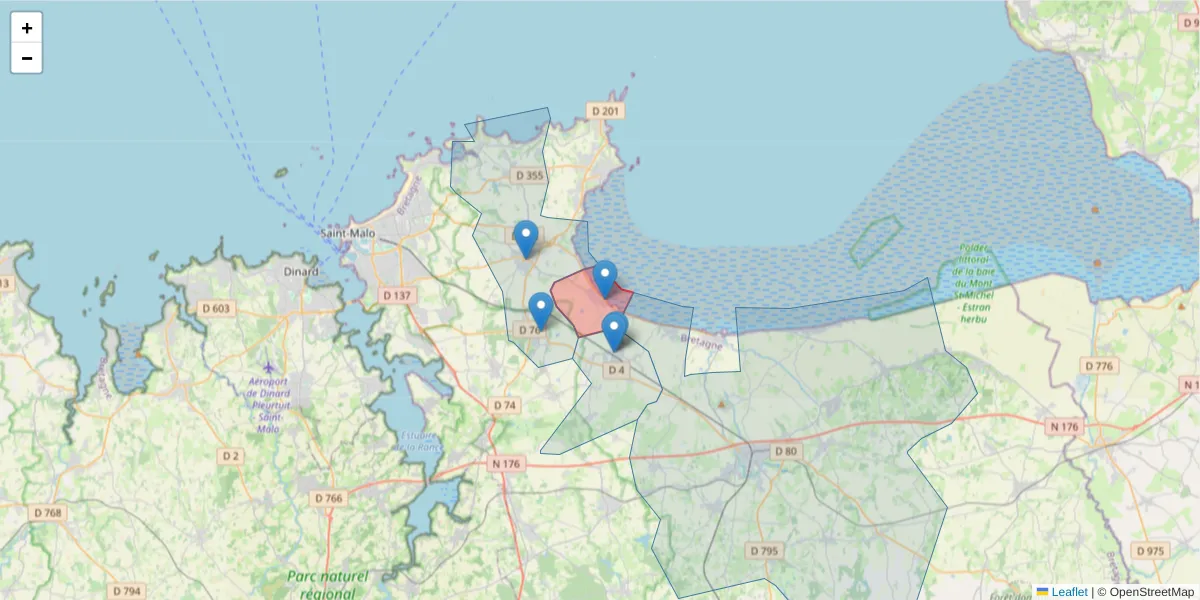 Carte de la zone du code postal  et des codes postaux voisins en France