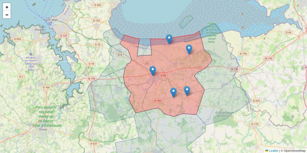 Carte de la zone du code postal  et des codes postaux voisins en France