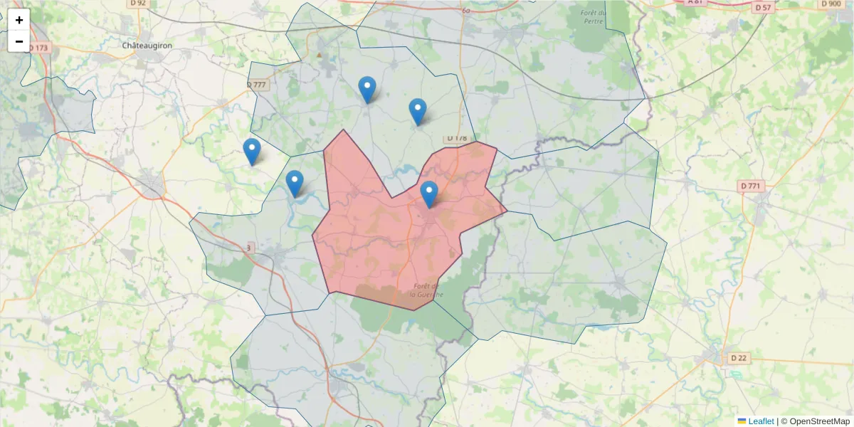 Carte de la zone du code postal  et des codes postaux voisins en France