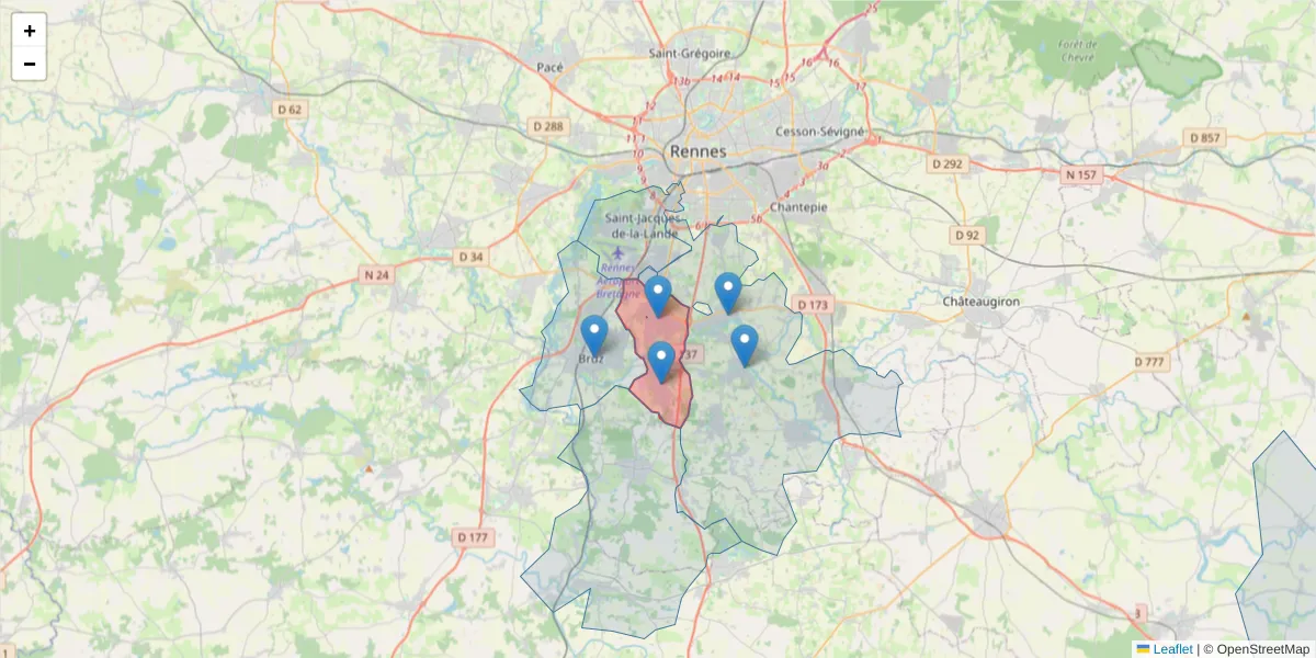 Carte de la zone du code postal  et des codes postaux voisins en France