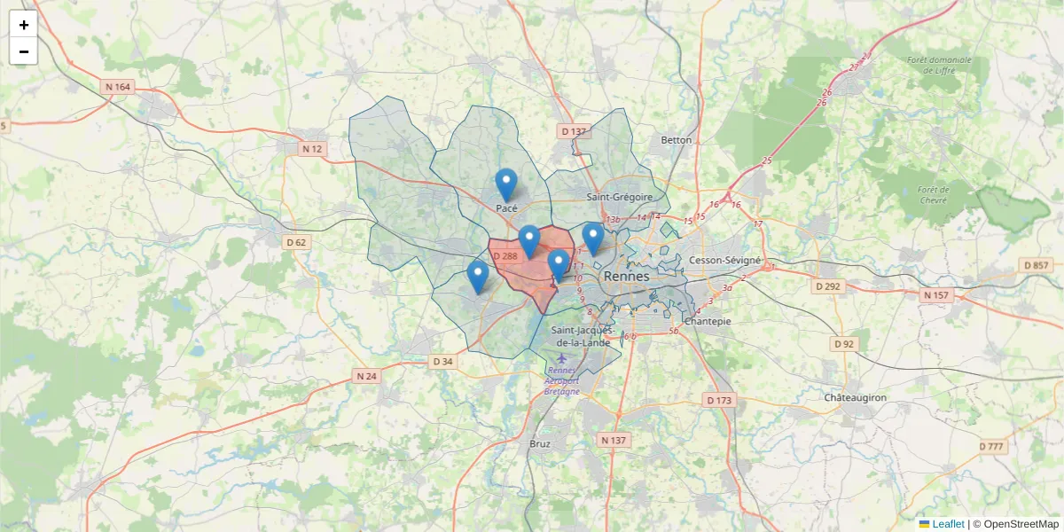 Carte de la zone du code postal  et des codes postaux voisins en France