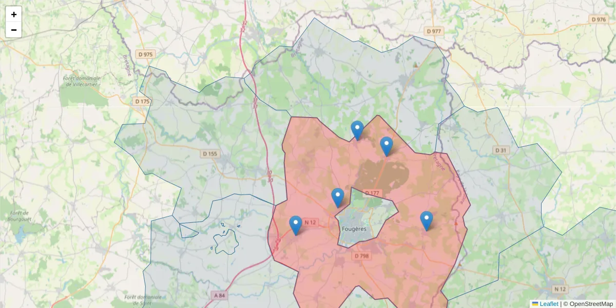 Carte de la zone du code postal  et des codes postaux voisins en France