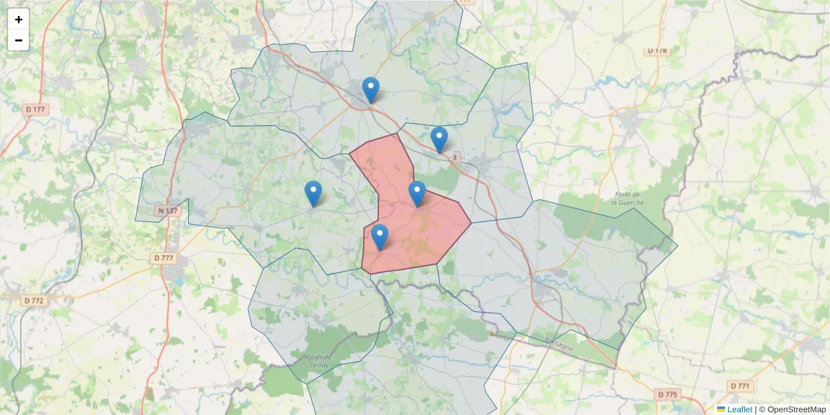 Carte de la zone du code postal  et des codes postaux voisins en France