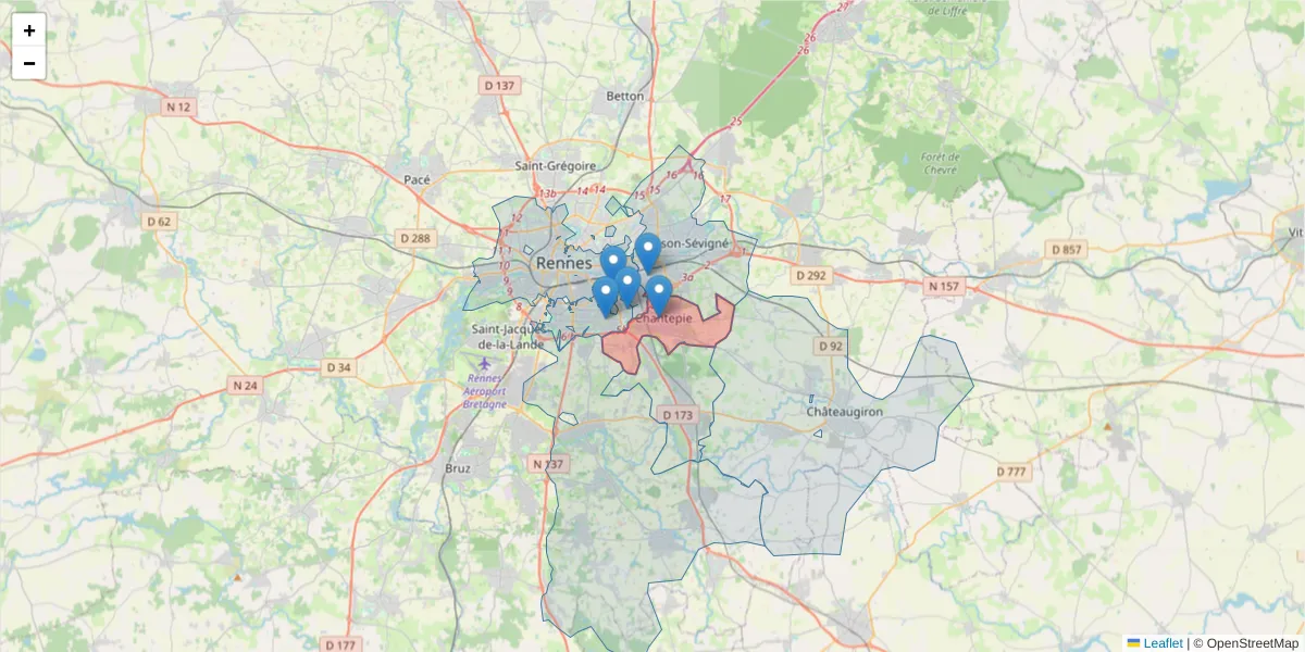 Carte de la zone du code postal  et des codes postaux voisins en France