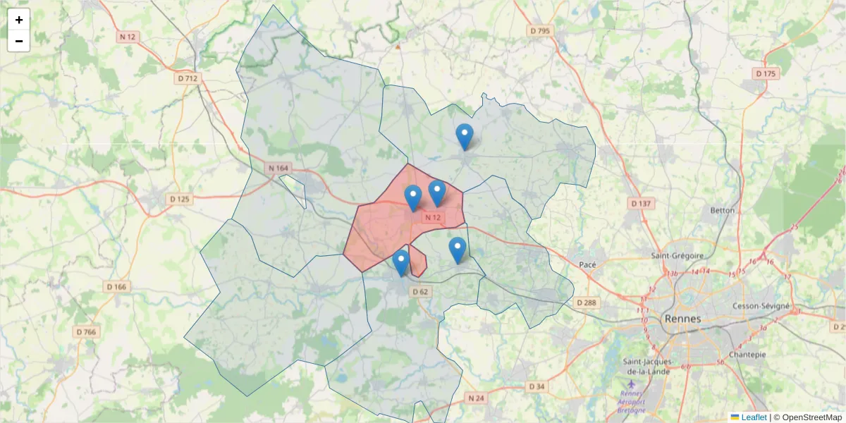 Carte de la zone du code postal  et des codes postaux voisins en France
