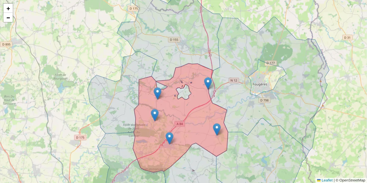Carte de la zone du code postal  et des codes postaux voisins en France