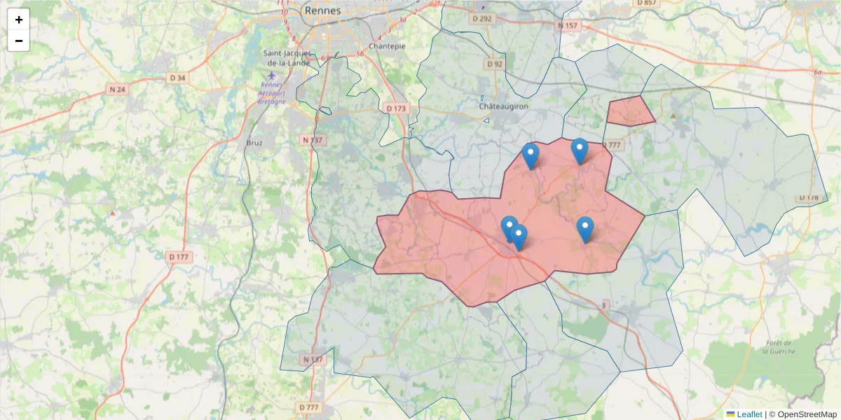 Carte de la zone du code postal  et des codes postaux voisins en France