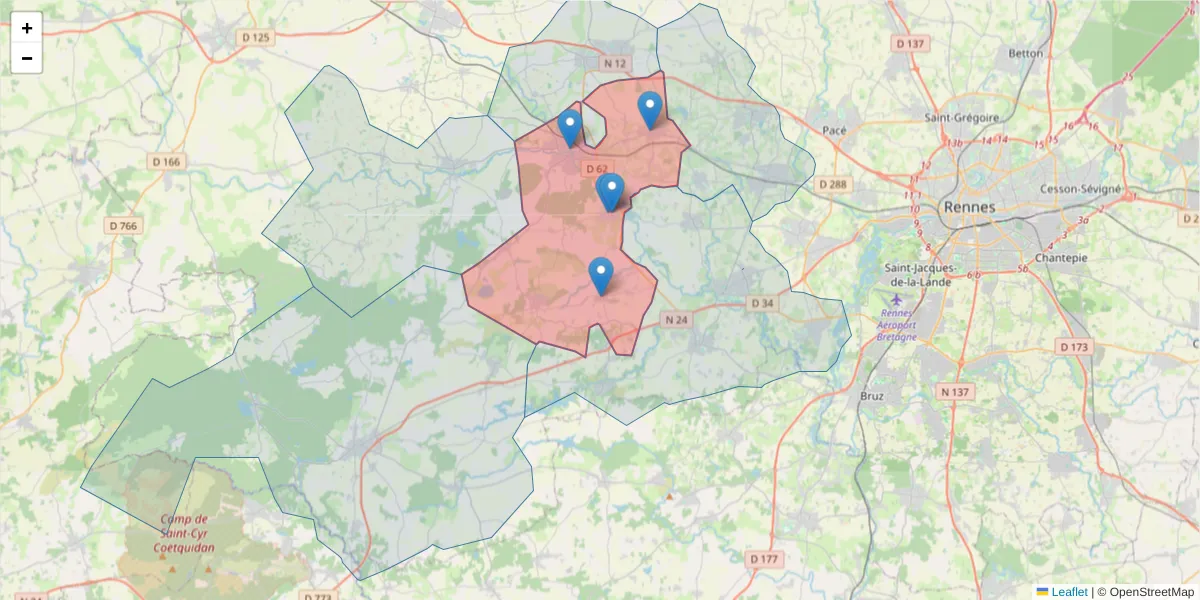 Carte de la zone du code postal  et des codes postaux voisins en France