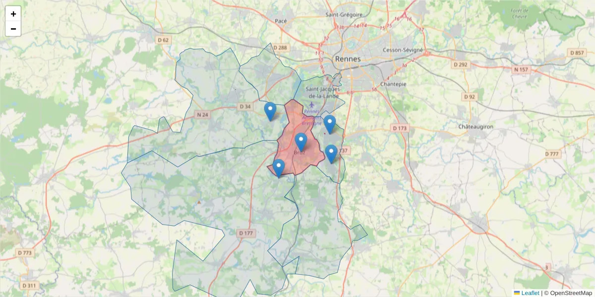 Carte de la zone du code postal  et des codes postaux voisins en France