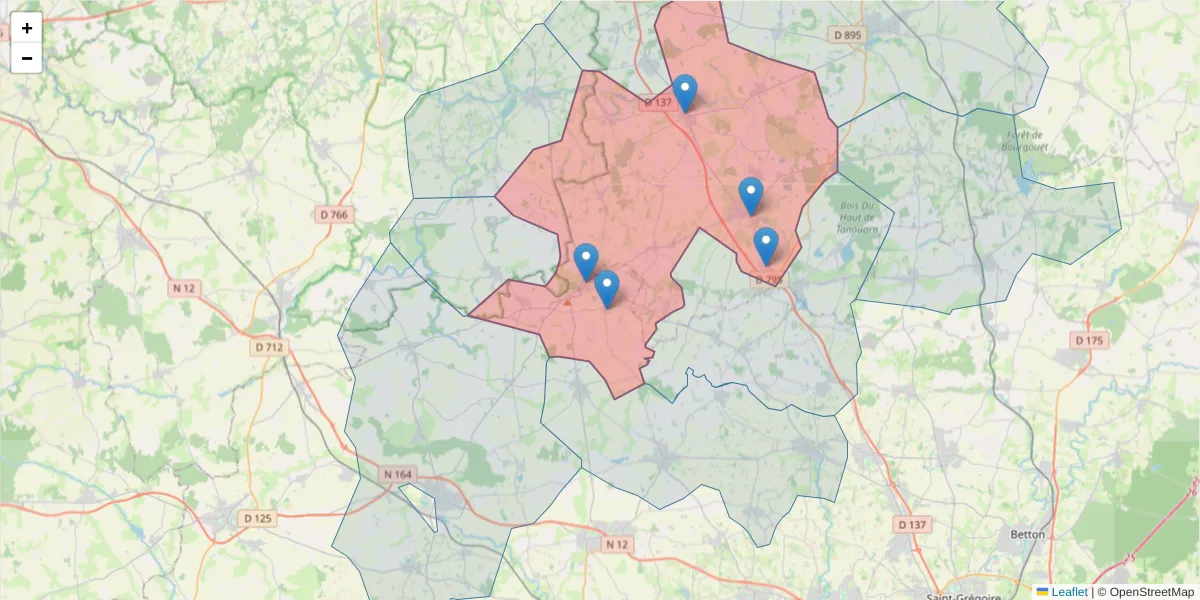 Carte de la zone du code postal  et des codes postaux voisins en France