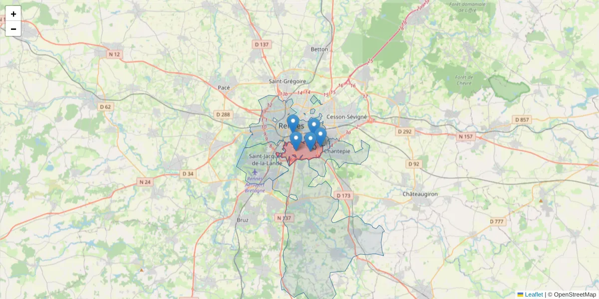 Carte de la zone du code postal  et des codes postaux voisins en France