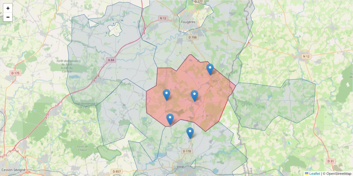 Carte de la zone du code postal  et des codes postaux voisins en France