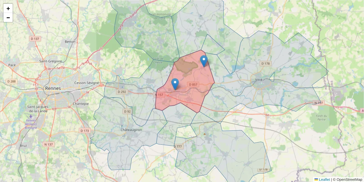 Carte de la zone du code postal  et des codes postaux voisins en France