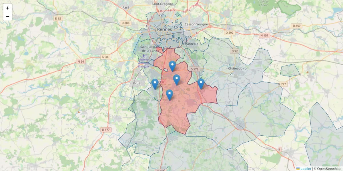 Carte de la zone du code postal  et des codes postaux voisins en France