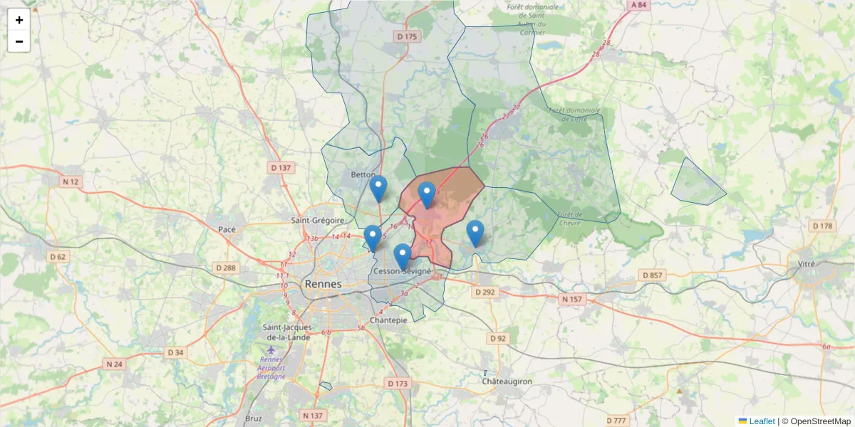 Carte de la zone du code postal  et des codes postaux voisins en France
